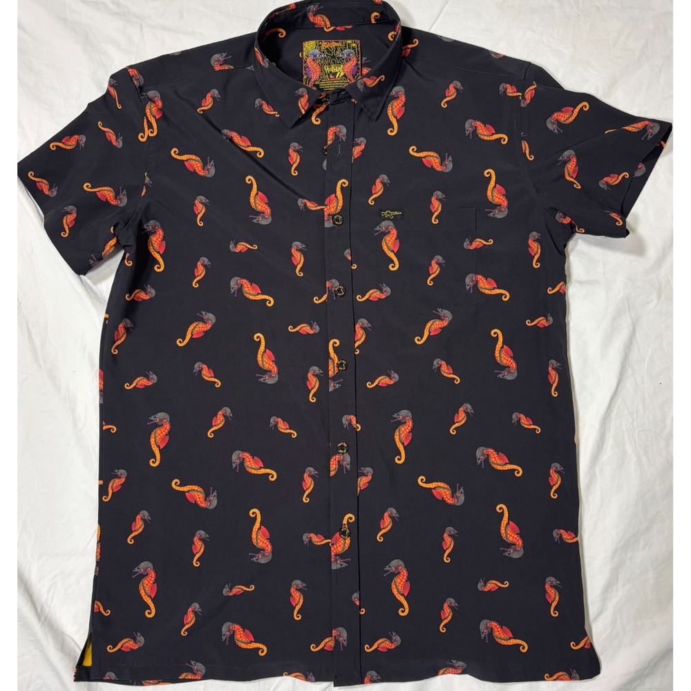 Retro Rifle War Horse Mens Button Up Shirt Black All Over Seahorse Print L